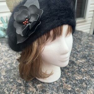 Vintage Olive Branch Black Angora Beret Hat With Decorative Leather Flower